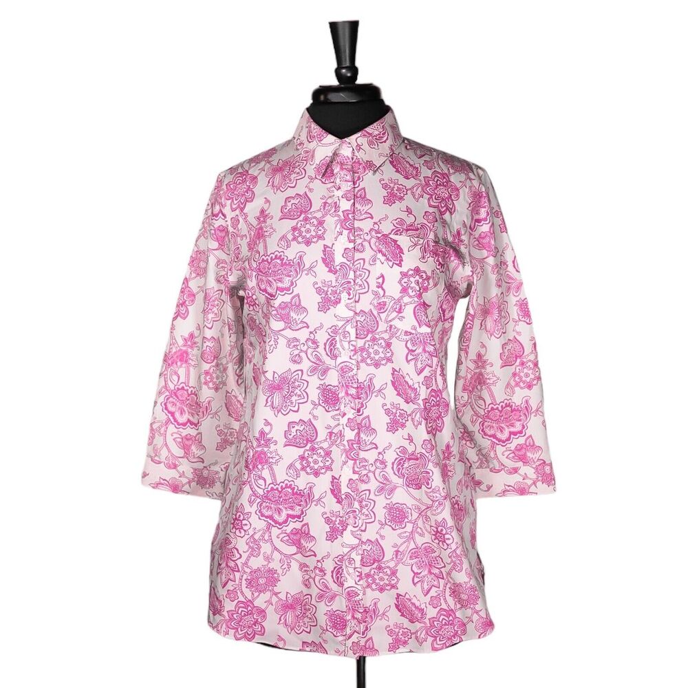 Lands End Women's Shirt Button Up Beige Pink Floral Supima Cotton Blouse Top 8